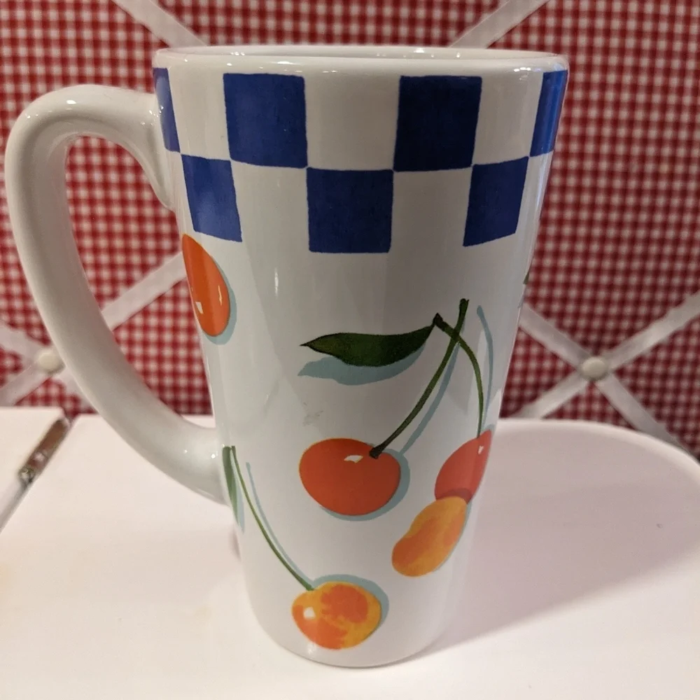 Cherries Valentine Mug Checked White Blue Tall Coffee Tea Cup Vintage Spring